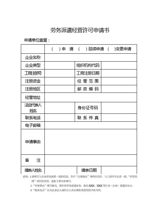 劳务派遣经营许可申请书