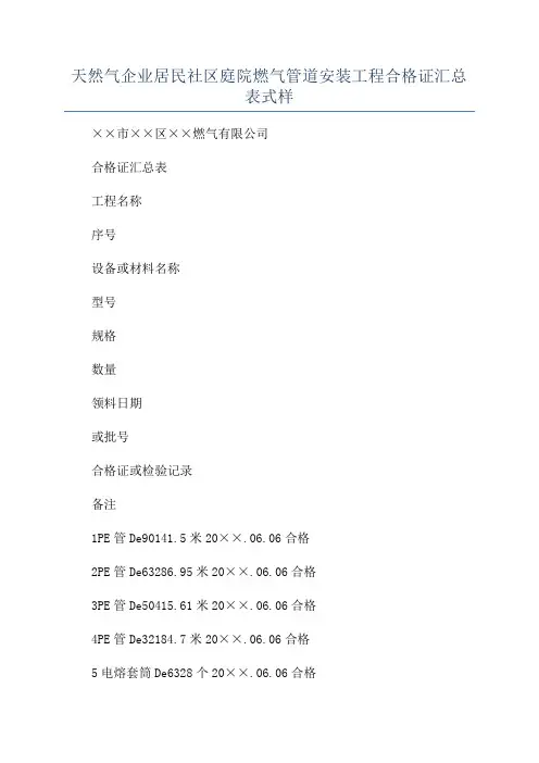 天然气企业居民社区庭院燃气管道安装工程合格证汇总表式样