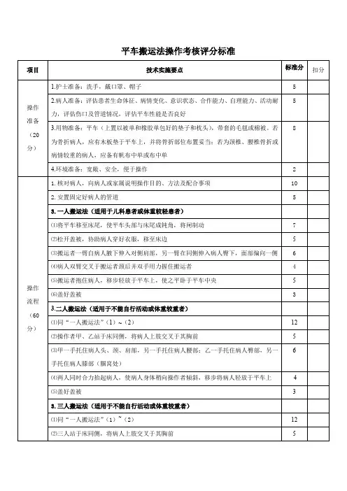 平车搬运法操作考核评分标准
