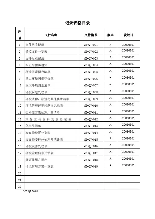 记录表格目录