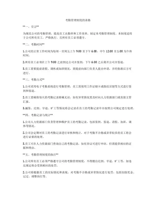 考勤管理制度的表格