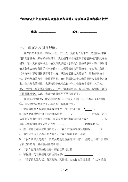 六年级语文上册阅读与理解假期作业练习专项题及答案部编人教版