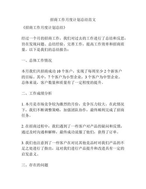 招商工作月度计划总结范文