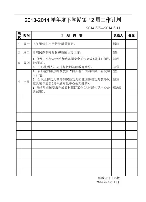 2014学年度下学期第12周工作计划