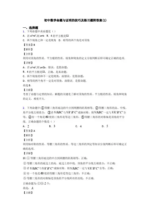 初中数学命题与证明的技巧及练习题附答案(1)