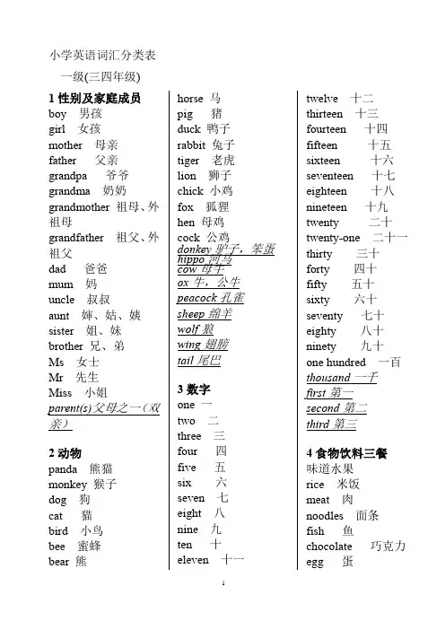 小学英语词汇分类表一级(三--四年级)