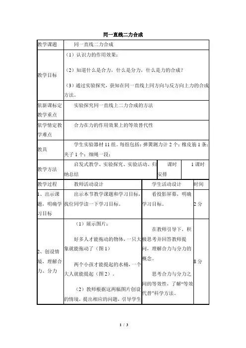7.4《同一直线上二力的合成》参考教案1