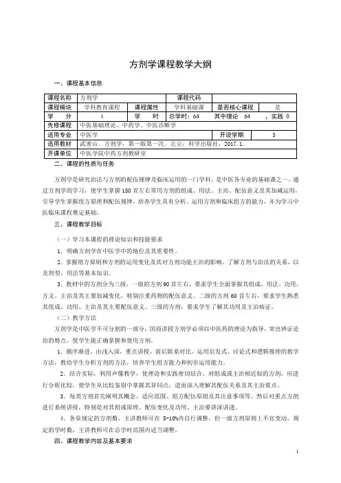 最新2017版中医学专业方剂学教学大纲