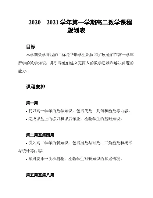 2020—2021学年第一学期高二数学课程规划表