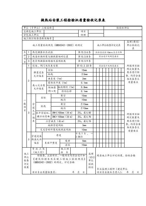 换热站安装工程检验批质量验收记录表