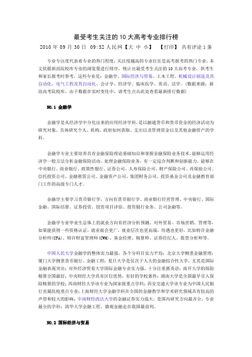 最受考生关注的10大高考专业排行榜