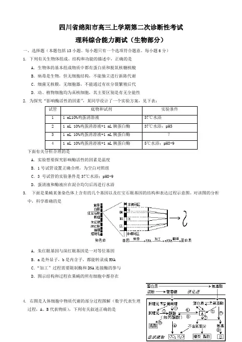 四川省绵阳市高三第二次诊断性考试理综(生物)