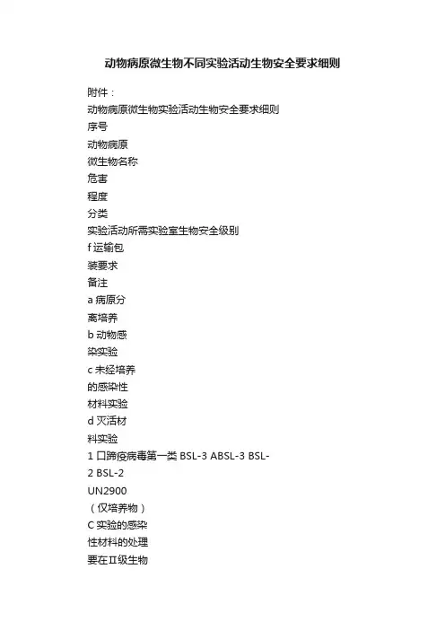 动物病原微生物不同实验活动生物安全要求细则