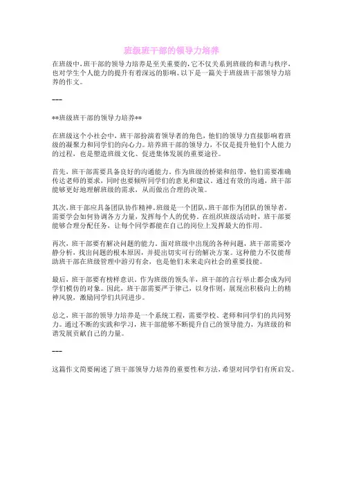班级班干部的领导力培养