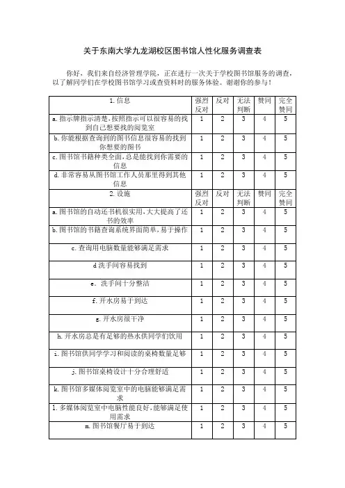 关于东南大学九龙湖校区图书馆人性化服务的调查表