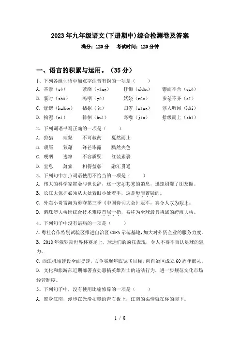 2023年九年级语文(下册期中)综合检测卷及答案