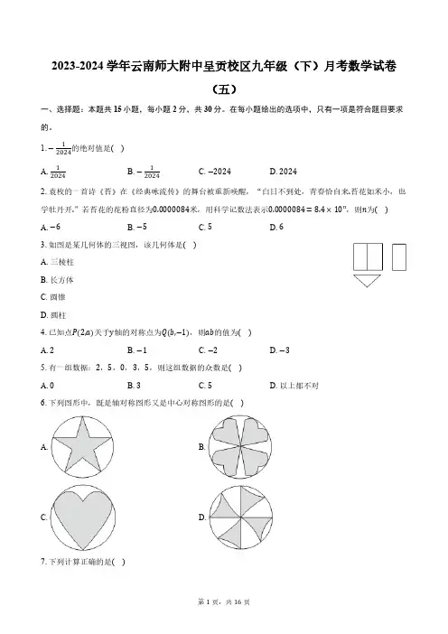 2023-2024学年云南师大附中呈贡校区九年级(下)月考数学试卷(五)(含解析)