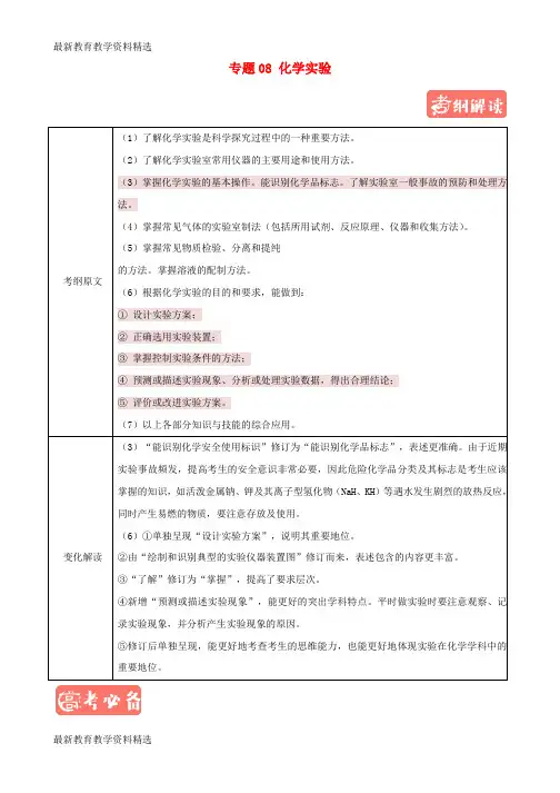 2020年高考化学考纲揭秘专题08化学实验
