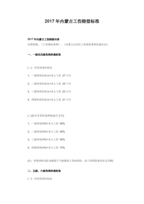 2017年内蒙古工伤赔偿标准