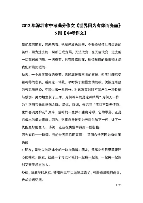 2012年深圳市中考满分作文《世界因为有你而亮丽》6则【中考作文】