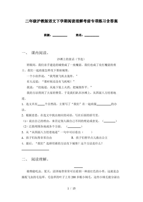 二年级沪教版语文下学期阅读理解考前专项练习含答案