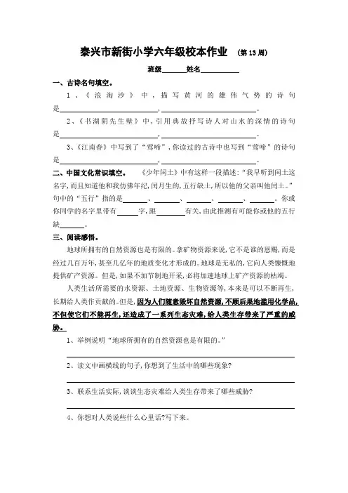 统编六年级上册第13周语文校本作业及答案