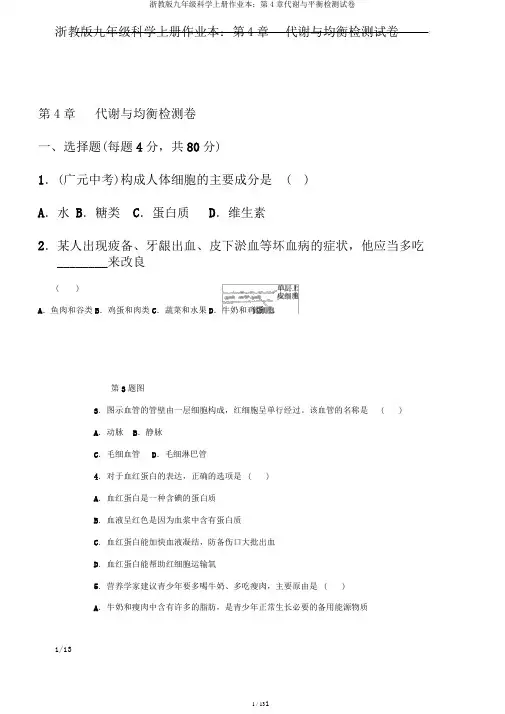 浙教版九年级科学上册作业本：第4章代谢与平衡检测试卷