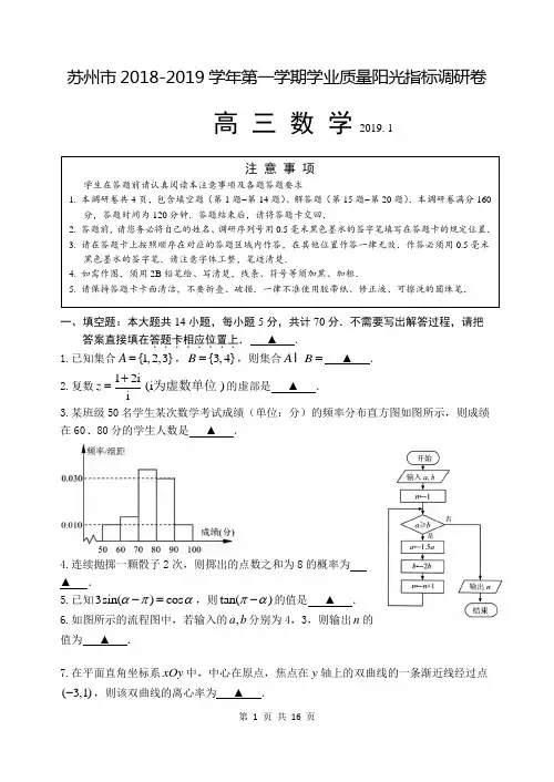 (完整)江苏省苏州市2019届高三第一学期期末考试数学试卷