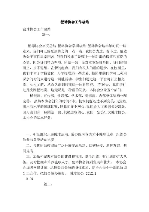 毽球协会工作总结