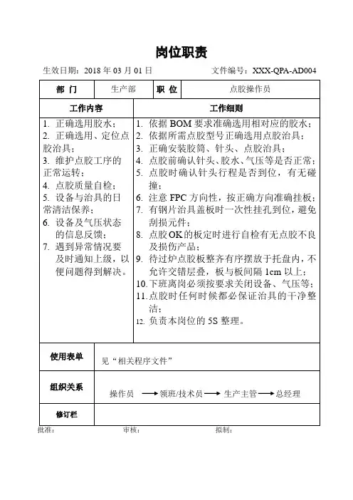点胶操作员岗位职责