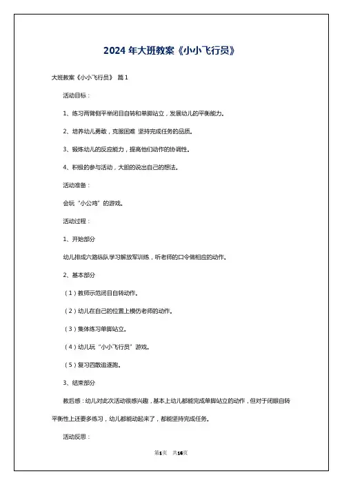 2024年大班教案《小小飞行员》