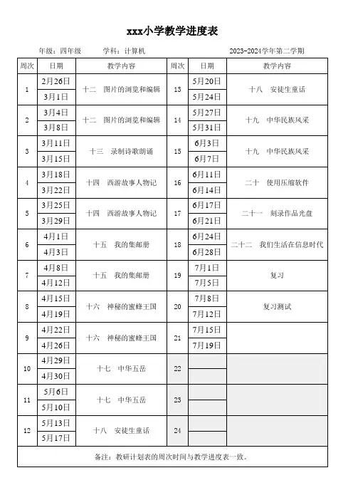 四年级信息技术第二学期教学进度表