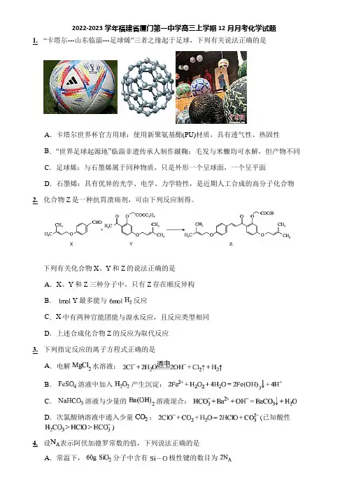 2022-2023学年福建省厦门第一中学高三上学期12月月考化学试题
