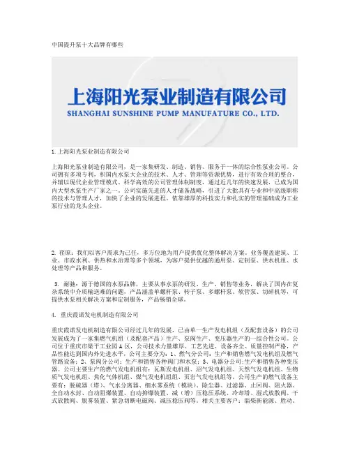 中国提升泵十大品牌有哪些