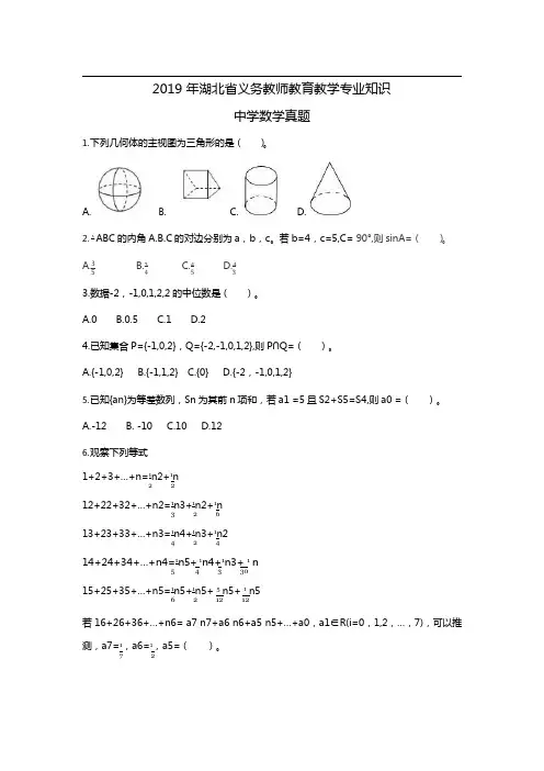 【中学数学】2019.5.11湖北省农村义务教师试卷-真题
