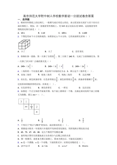 南京师范大学附中树人学校数学新初一分班试卷含答案
