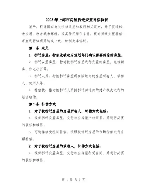 2023年上海市房屋拆迁安置补偿协议