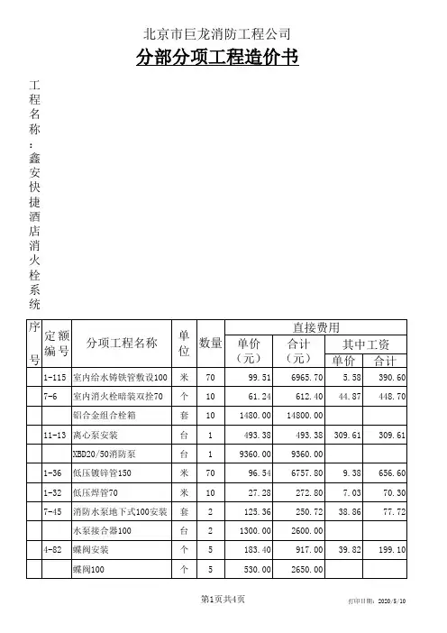 快捷酒店 消防工程  预算书