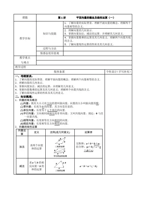 高三数学《平面向量的概念及线性运算》教案