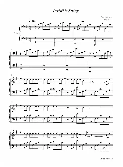 钢琴谱 Invisible String-Taylor Swift 五线谱_共9张(全)