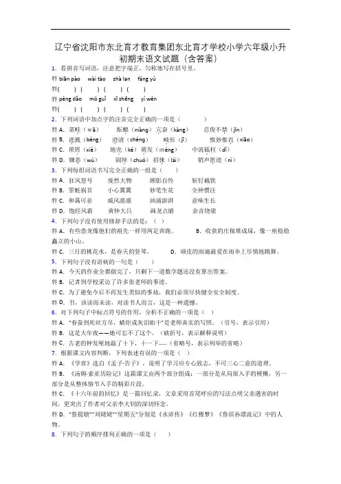 辽宁省沈阳市东北育才教育集团东北育才学校小学六年级小升初期末语文试题(含答案)
