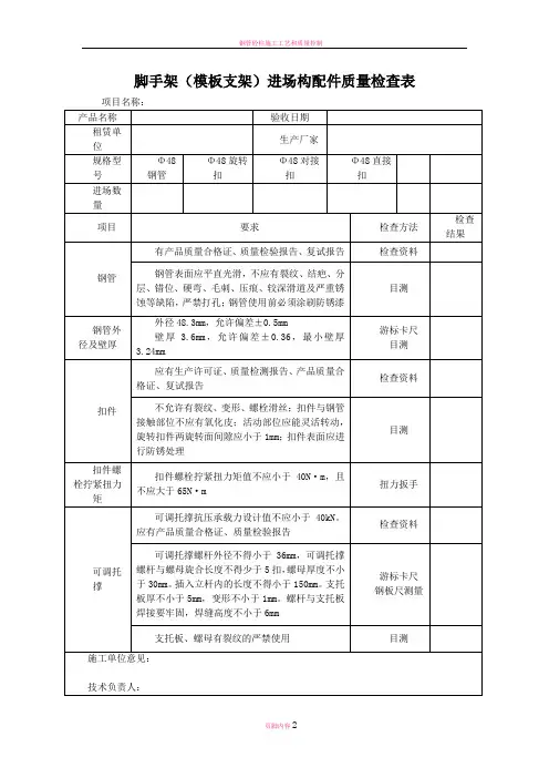 钢管脚手架进场构配件质量检查表