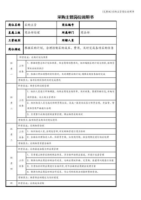 (完整版)采购主管岗位说明书