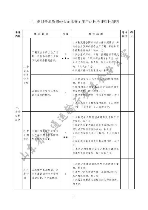 10、港口普通货物码头企业安全生产达标考评指标细则