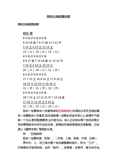 周姓五格配置选取