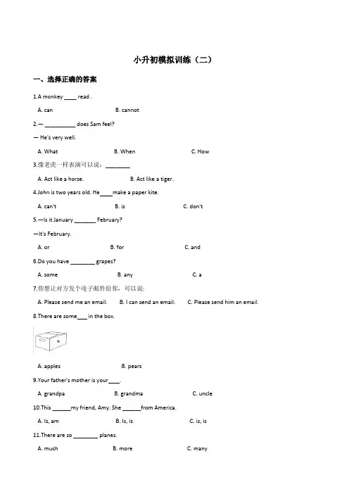 六年级下册英语试题小升初模拟训练(二) 人教精通版含答案