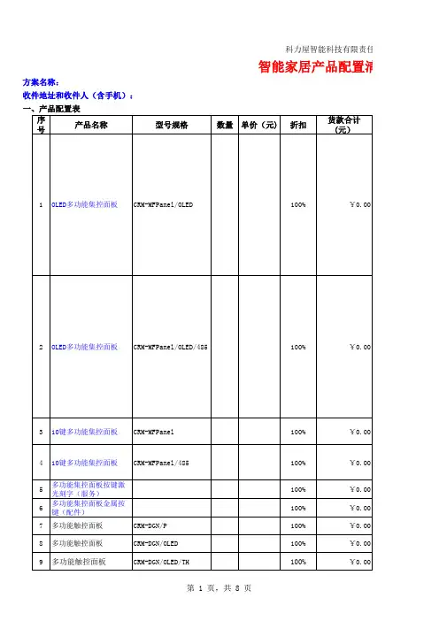 科力屋智能家居产品配置表(模板)