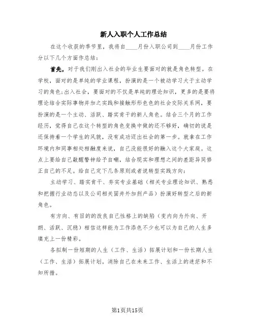 新人入职个人工作总结(6篇)