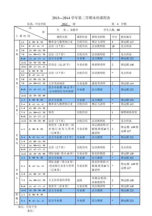 201--2014学年第二学期本科课程表