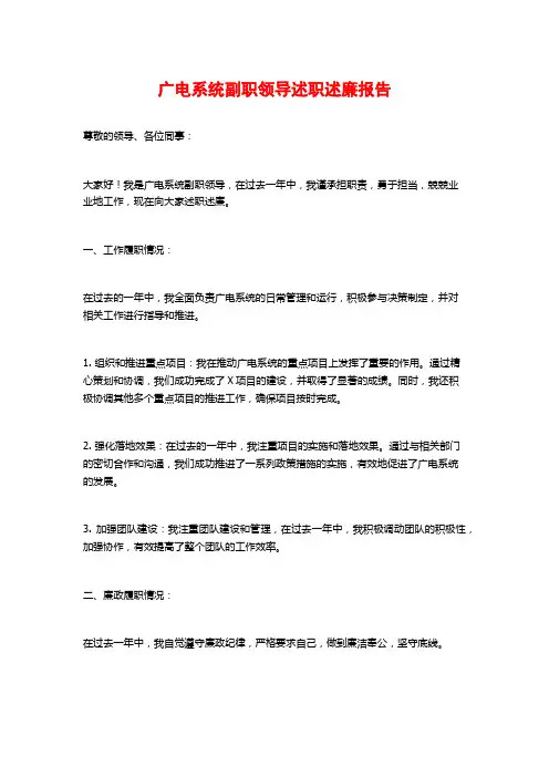 广电系统副职领导述职述廉报告